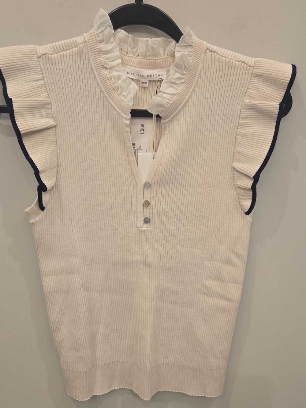 NWT Melissa Nepton Cream Ivey Ruffle-Trim Sleeveless Rib Knit Top. Medium.